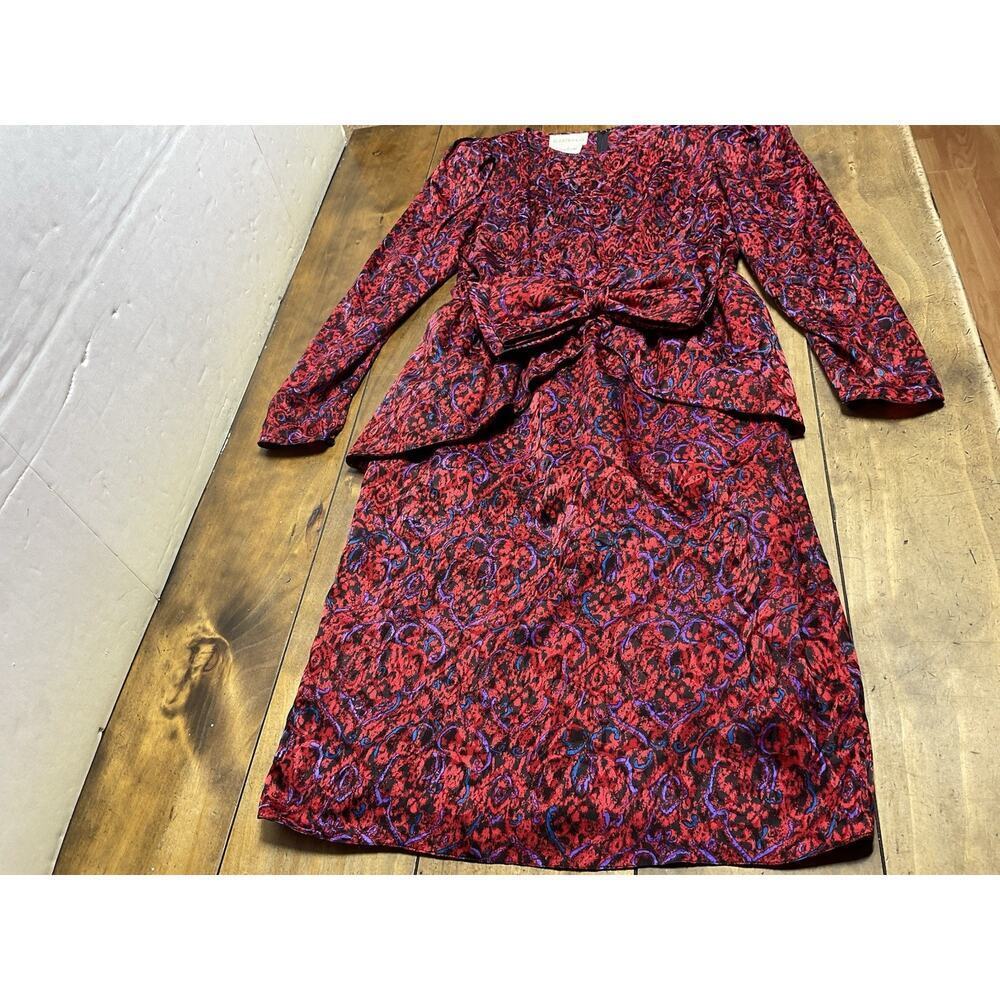 Vintage 80s Raul Blanco 100% Red Silk Floral Bow Dress Size 10